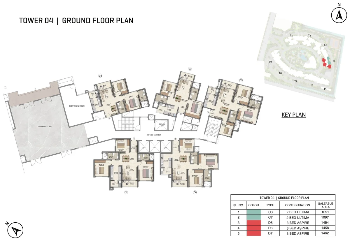 Prestige Parklane Tower 4 ground floor plan, ground floor, showing each apartment and its type code