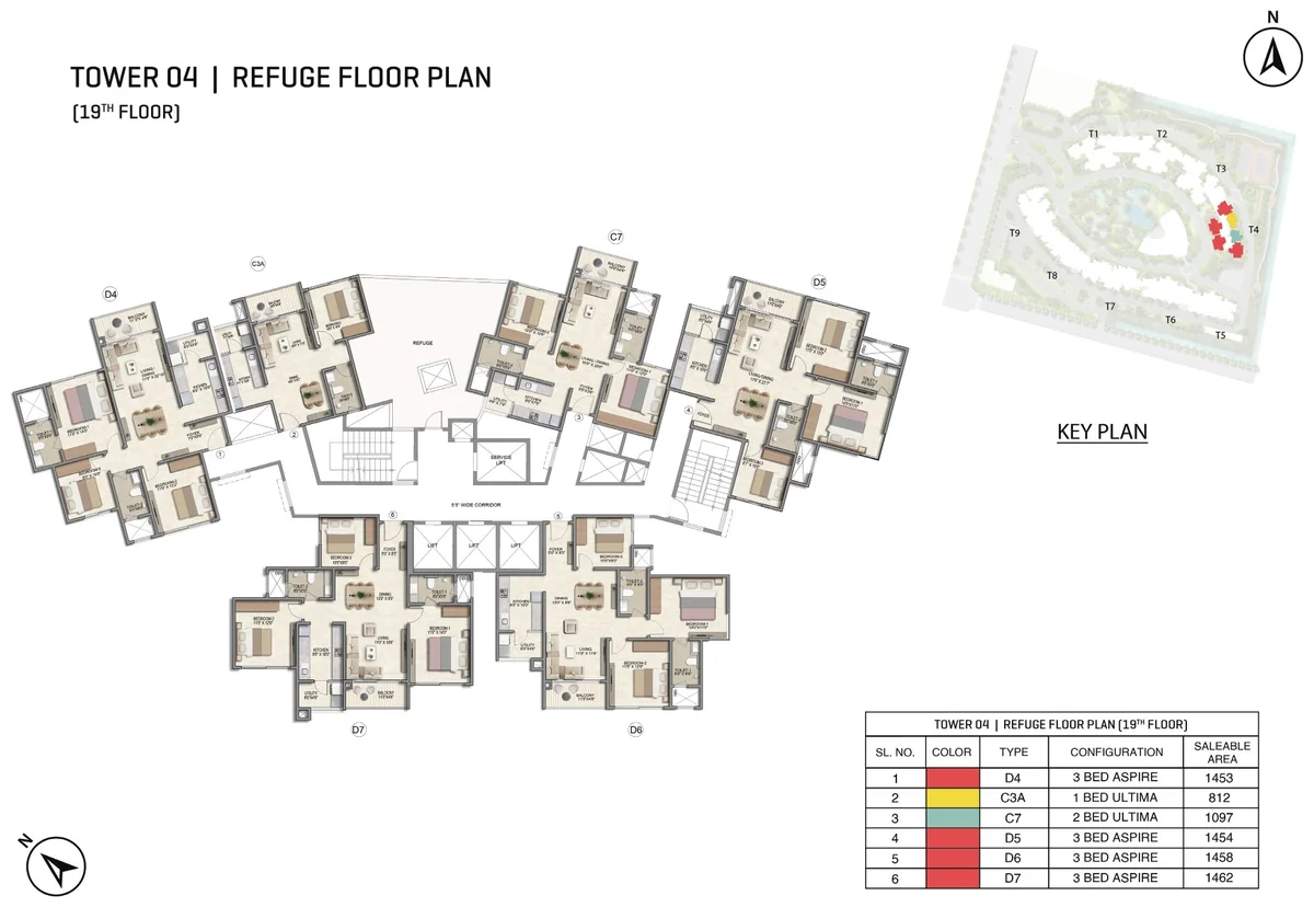 Prestige Parklane Tower 4 19th refuge floor plan, 19th floor, with the refuge area, showing each apartment and its type code