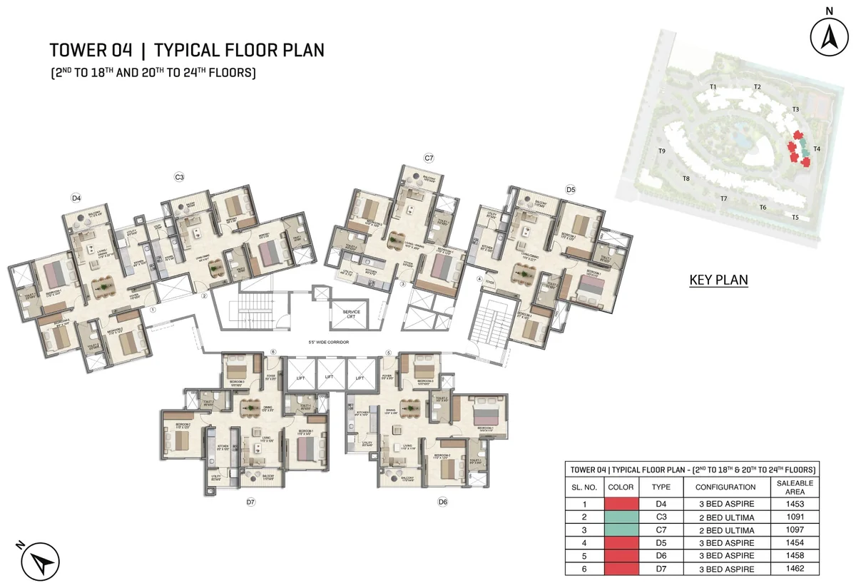 Prestige Parklane Tower 4 typical floor plan, floors 2 to 18 and 20 to 24, showing each apartment and its type code
