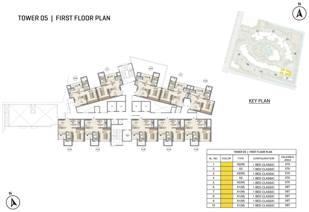 Prestige Parklane Tower 5 first floor plan, first floor, showing each apartment and its type code