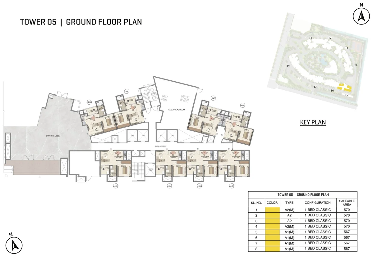 Prestige Parklane Tower 5 ground floor plan, ground floor, showing each apartment and its type code