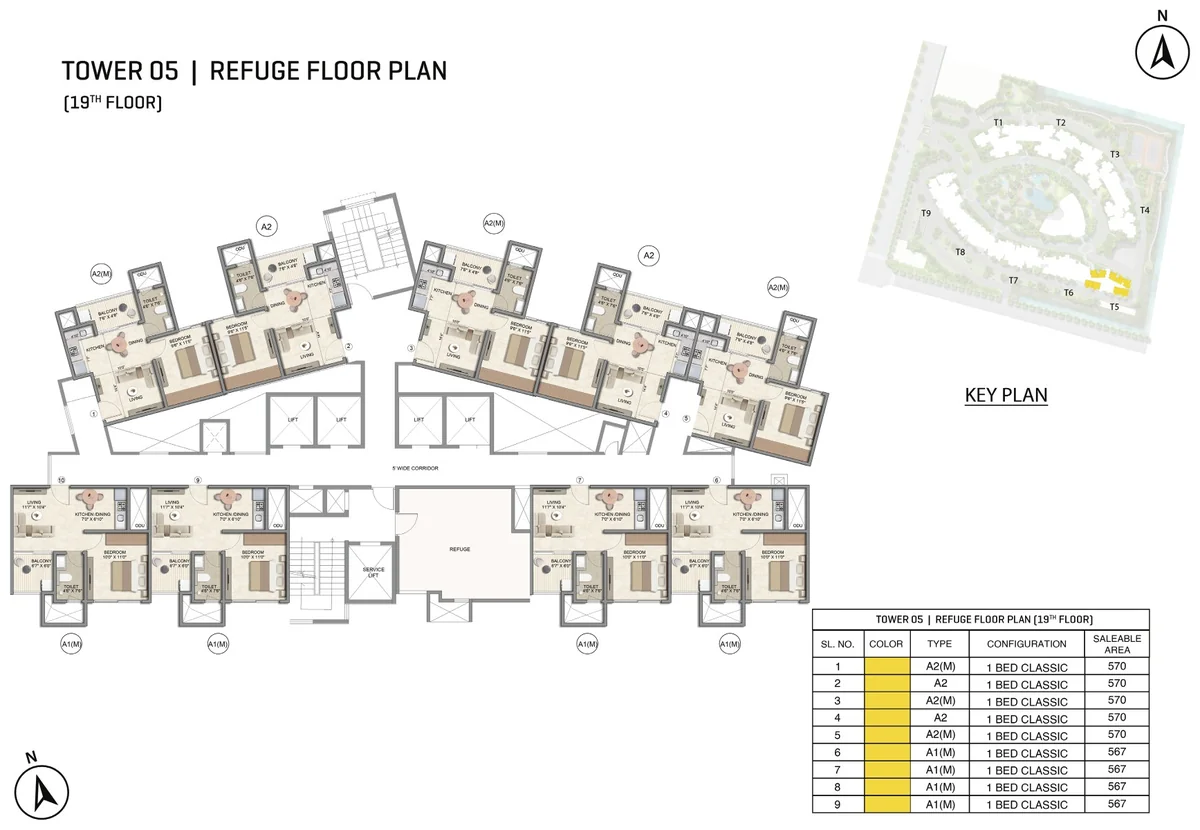 Prestige Parklane Tower 5 19th refuge floor plan, 19th floor, with the refuge area, showing each apartment and its type code