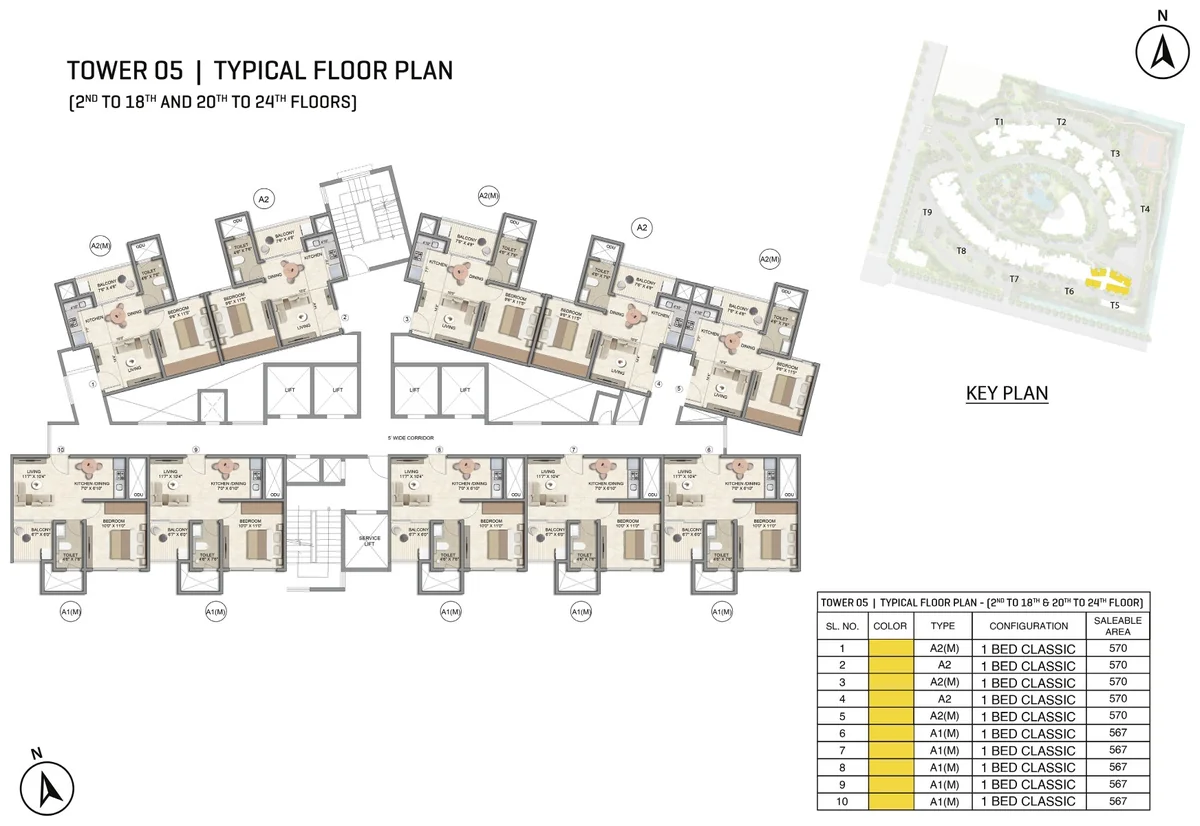 Prestige Parklane Tower 5 typical floor plan, floors 2 to 18 and 20 to 24, showing each apartment and its type code