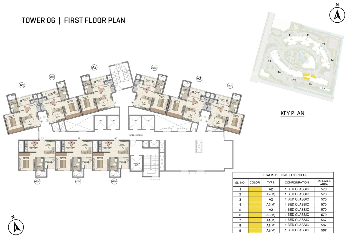 Prestige Parklane Tower 6 first floor plan, first floor, showing each apartment and its type code