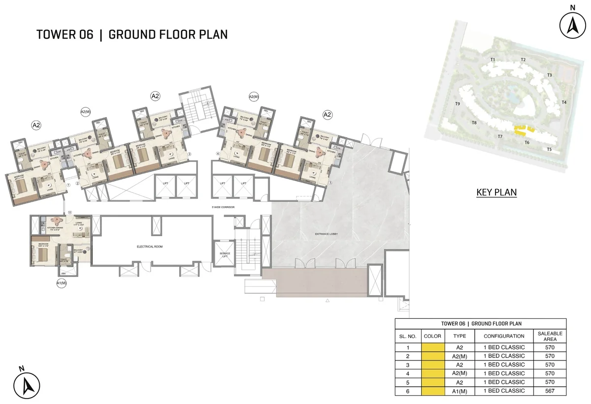Prestige Parklane Tower 6 ground floor plan, ground floor, showing each apartment and its type code