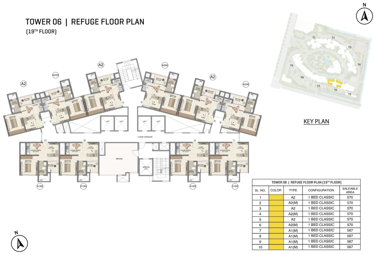 Prestige Parklane Tower 6 19th refuge floor plan, 19th floor, with the refuge area, showing each apartment and its type code