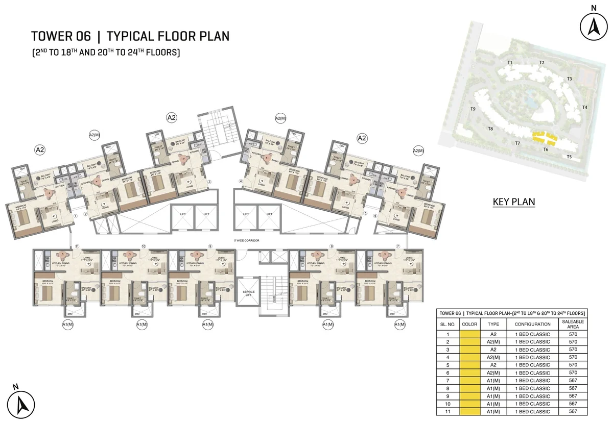 Prestige Parklane Tower 6 typical floor plan, floors 2 to 18 and 20 to 24, showing each apartment and its type code