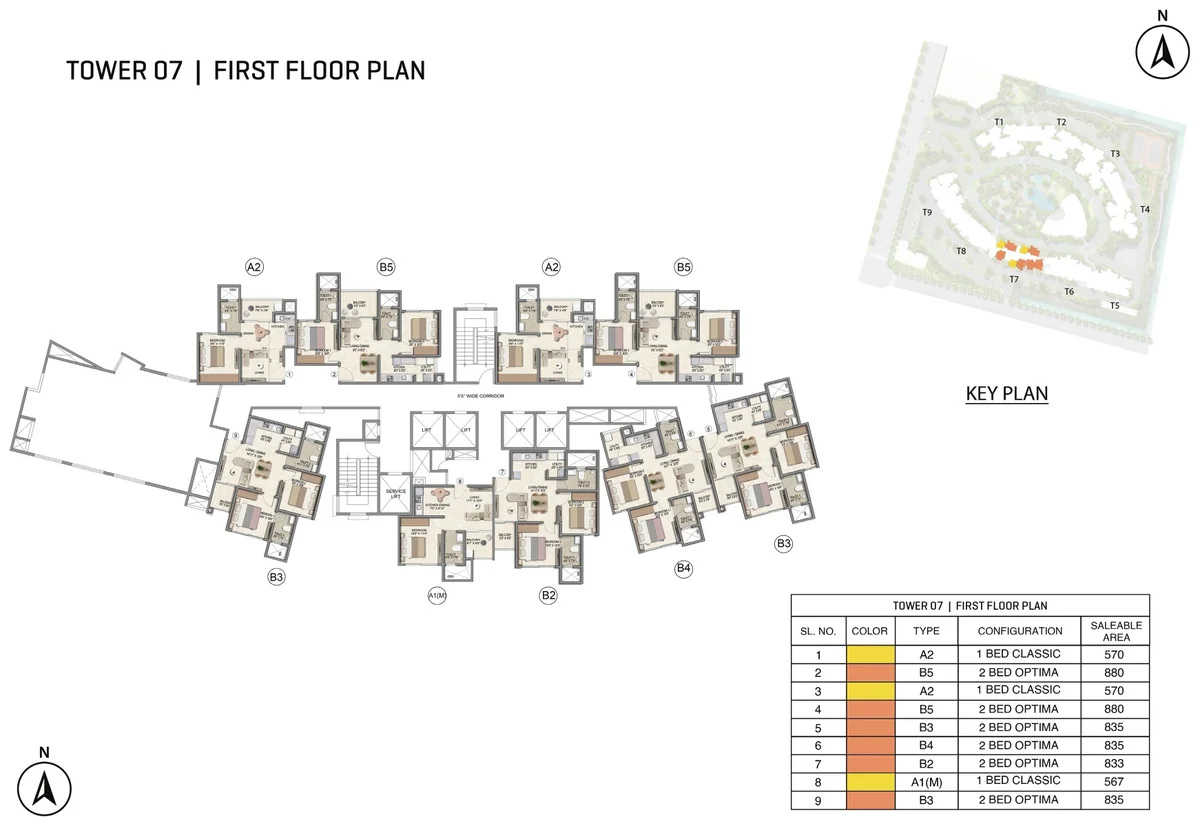 Prestige Parklane Tower 7 first floor plan, first floor, showing each apartment and its type code