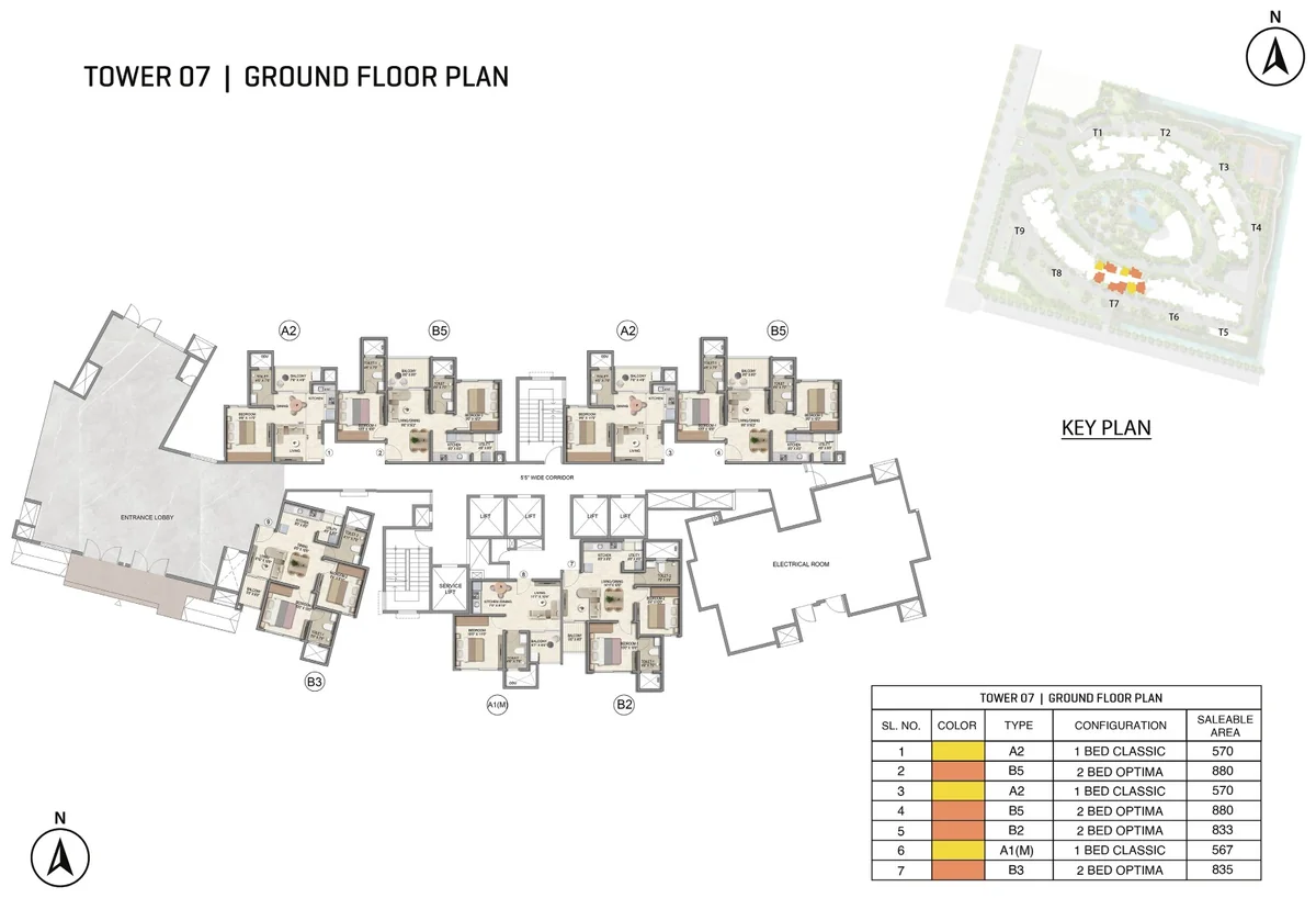 Prestige Parklane Tower 7 ground floor plan, ground floor, showing each apartment and its type code