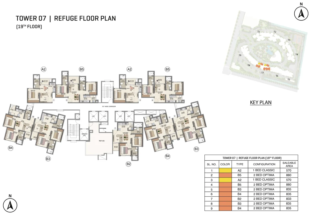 Prestige Parklane Tower 7 19th refuge floor plan, 19th floor, with the refuge area, showing each apartment and its type code