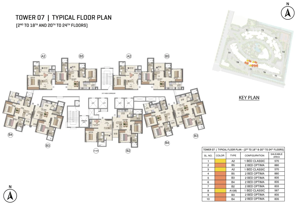Prestige Parklane Tower 7 typical floor plan, floors 2 to 18 and 20 to 24, showing each apartment and its type code