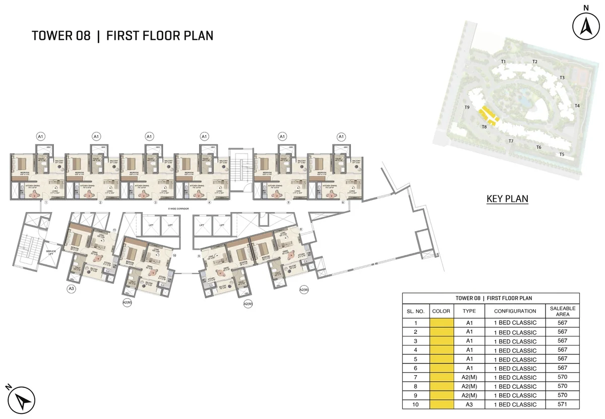 Prestige Parklane Tower 8 first floor plan, first floor, showing each apartment and its type code
