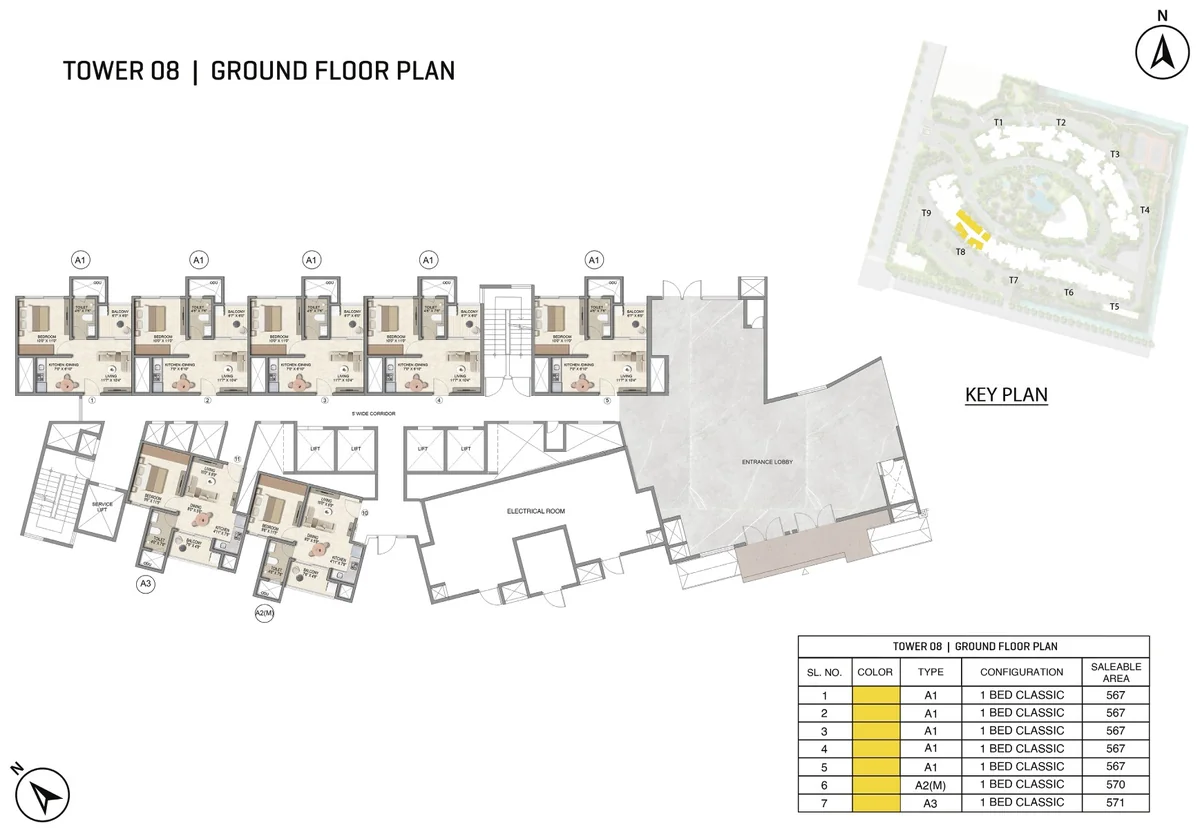 Prestige Parklane Tower 8 ground floor plan, ground floor, showing each apartment and its type code