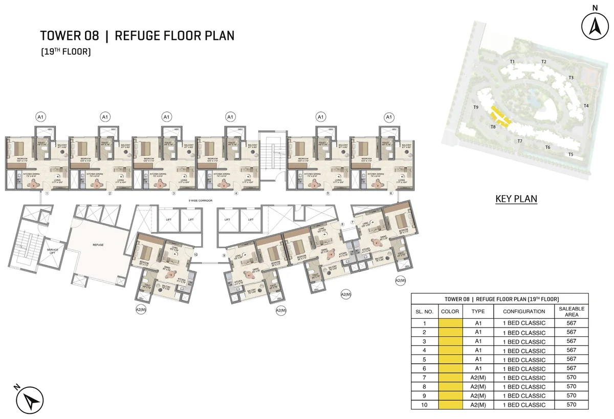 Prestige Parklane Tower 8 19th refuge floor plan, 19th floor, with the refuge area, showing each apartment and its type code