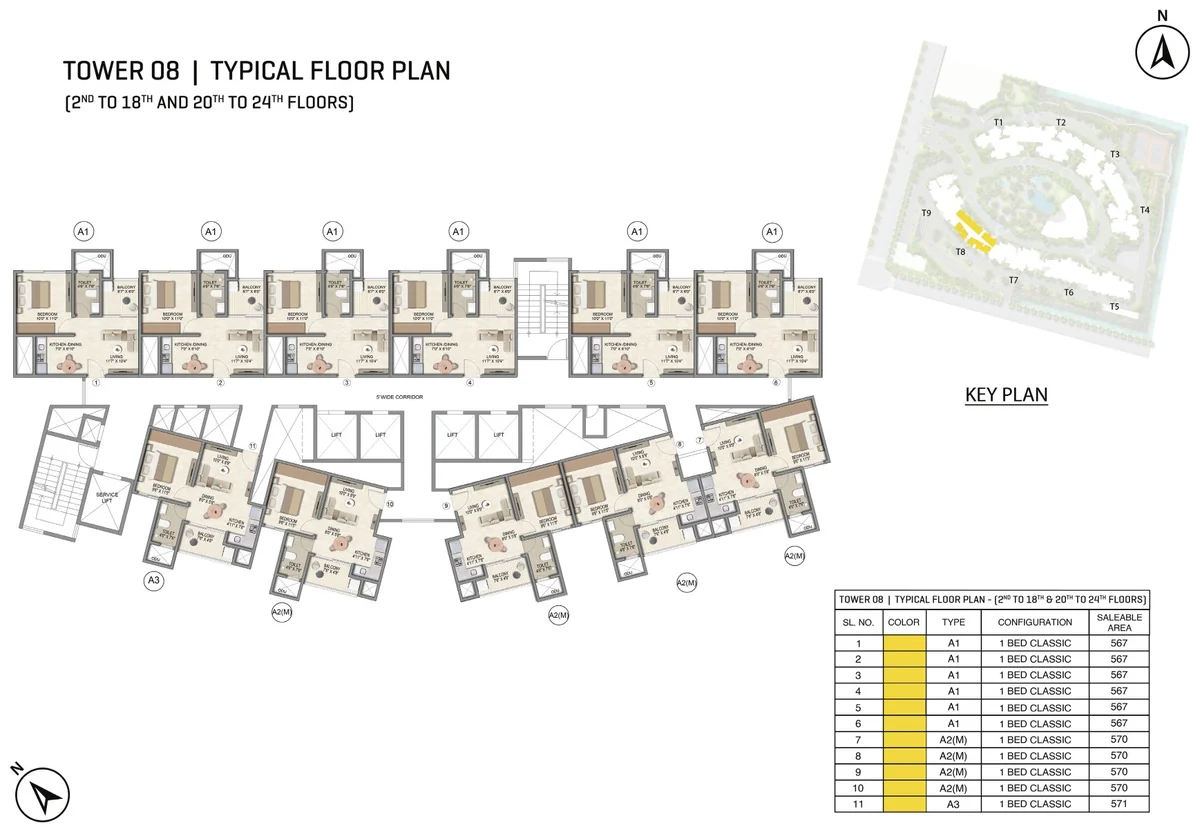 Prestige Parklane Tower 8 typical floor plan, floors 2 to 18 and 20 to 24, showing each apartment and its type code