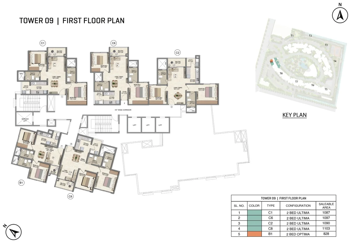 Prestige Parklane Tower 9 first floor plan, first floor, showing each apartment and its type code