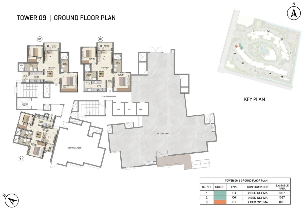 Prestige Parklane Tower 9 ground floor plan, ground floor, showing each apartment and its type code