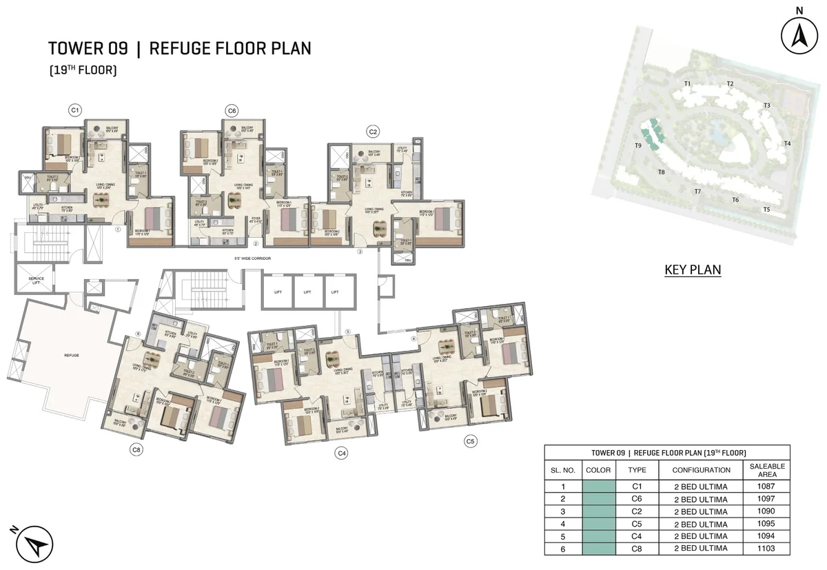 Prestige Parklane Tower 9 19th refuge floor plan, 19th floor, with the refuge area, showing each apartment and its type code