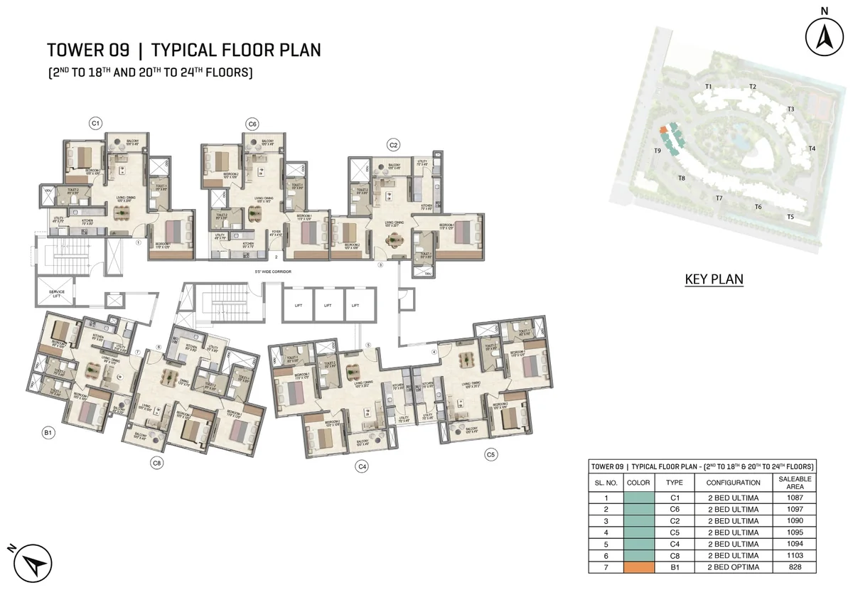 Prestige Parklane Tower 9 typical floor plan, floors 2 to 18 and 20 to 24, showing each apartment and its type code