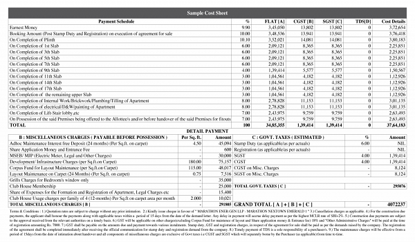Prestige Park Lane Cost Sheet / Charges